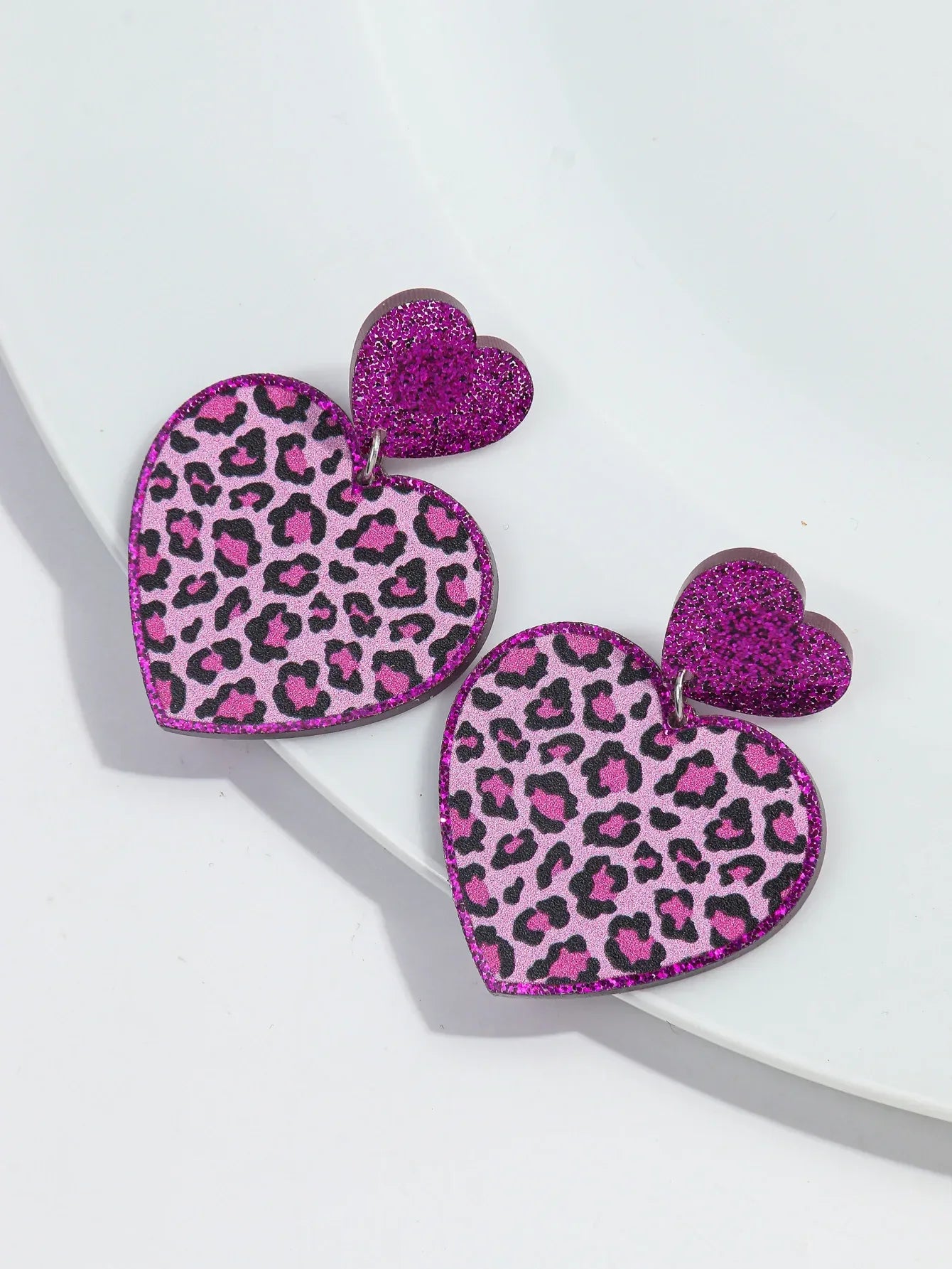 New Purple Glitter Leopard Heart Acrylic Dangle Earrings for Women Trendy Love Hanging Earring Jewelry Valentine's Day Gifts