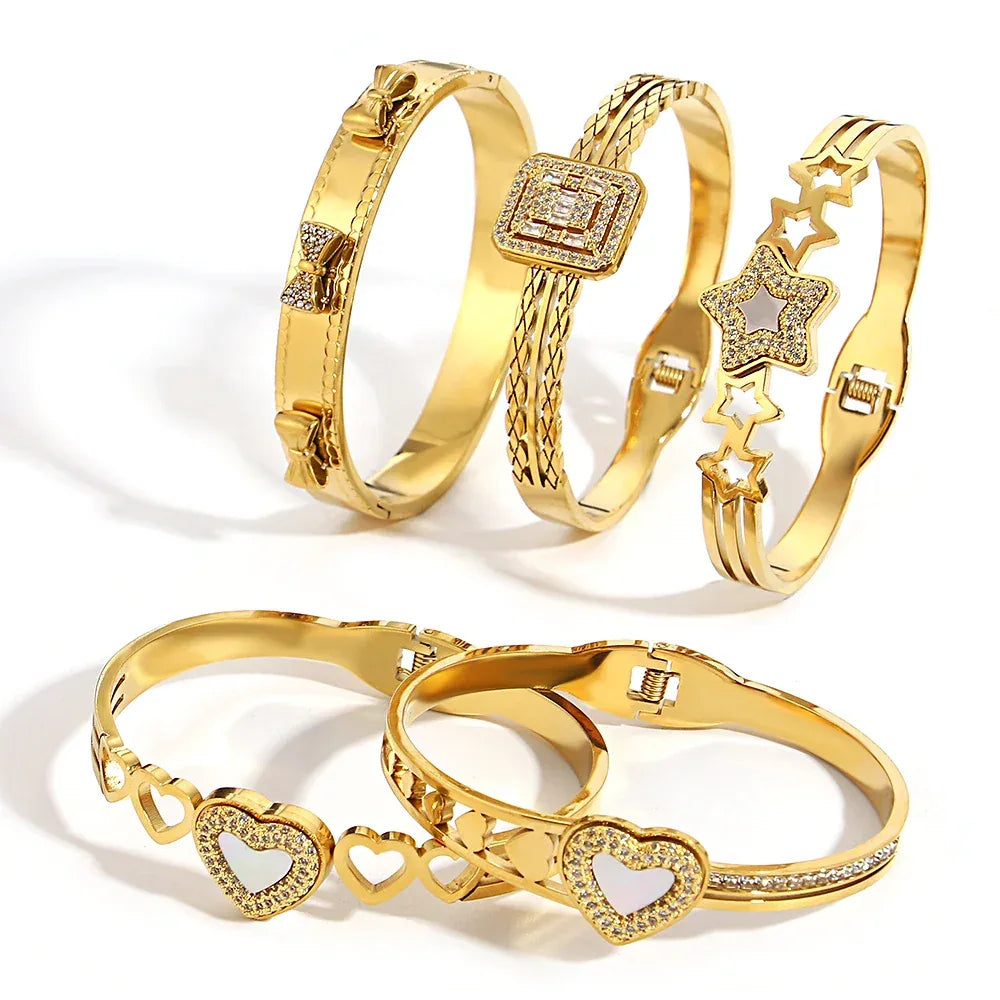 Elegant Rhinestones Bracelet with White Shell for Women Stainless Steel Golden Series Jewelry Fashion Valentine's Day Jewelry