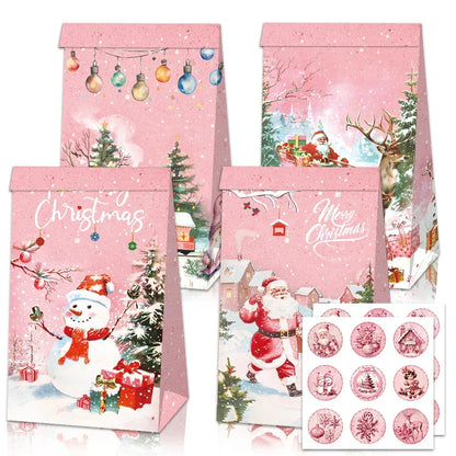 12pcs Pink Christmas Gift Bag Box Fairy Snow Scene Print Cookie Candy Bags Christmas Eve Candy Box Navidad Natal Noel Kids Gift