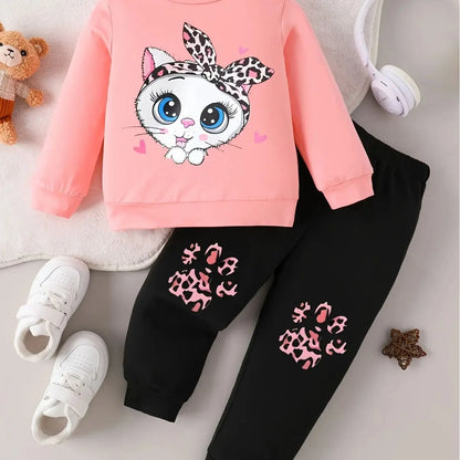 Pink Leopard Headband Cat Toddler Outfit | 2-Piece Long Sleeve Top & Pants Set for Baby Girls