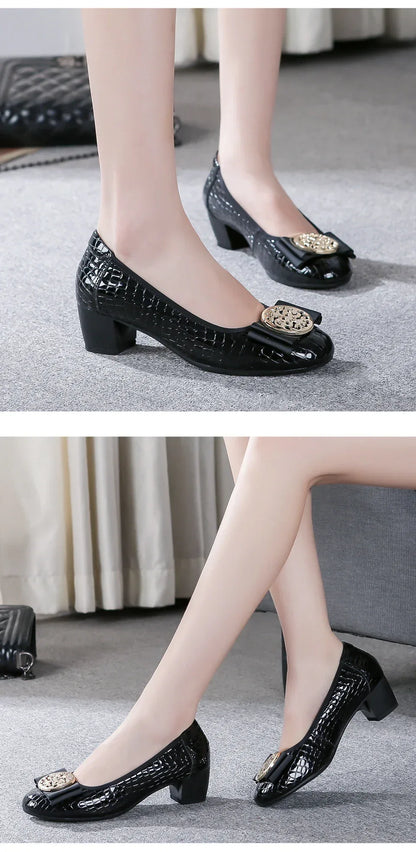 Spring and Autumn Boat Shoes Genuine Leather Soft Sole Mid-Heel Shoes Bow Heels Ladies Women Womens Round Toe Slip-on Women's 42