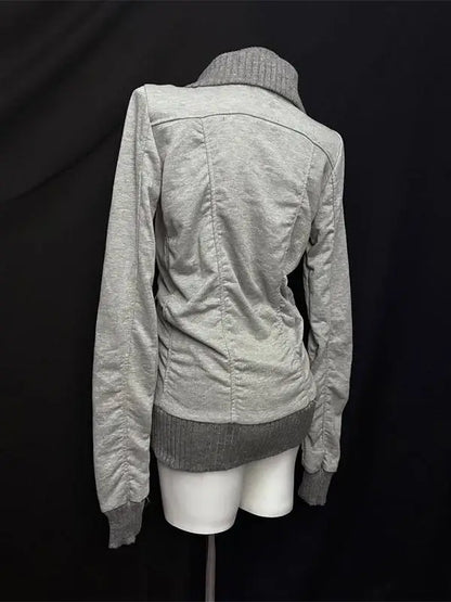 American Street Style Retro Pleated Turtleneck Zipper Hoodie Womens Grey Oversized Hoodie with Ribbed Cuffs Y2K Style Jacket