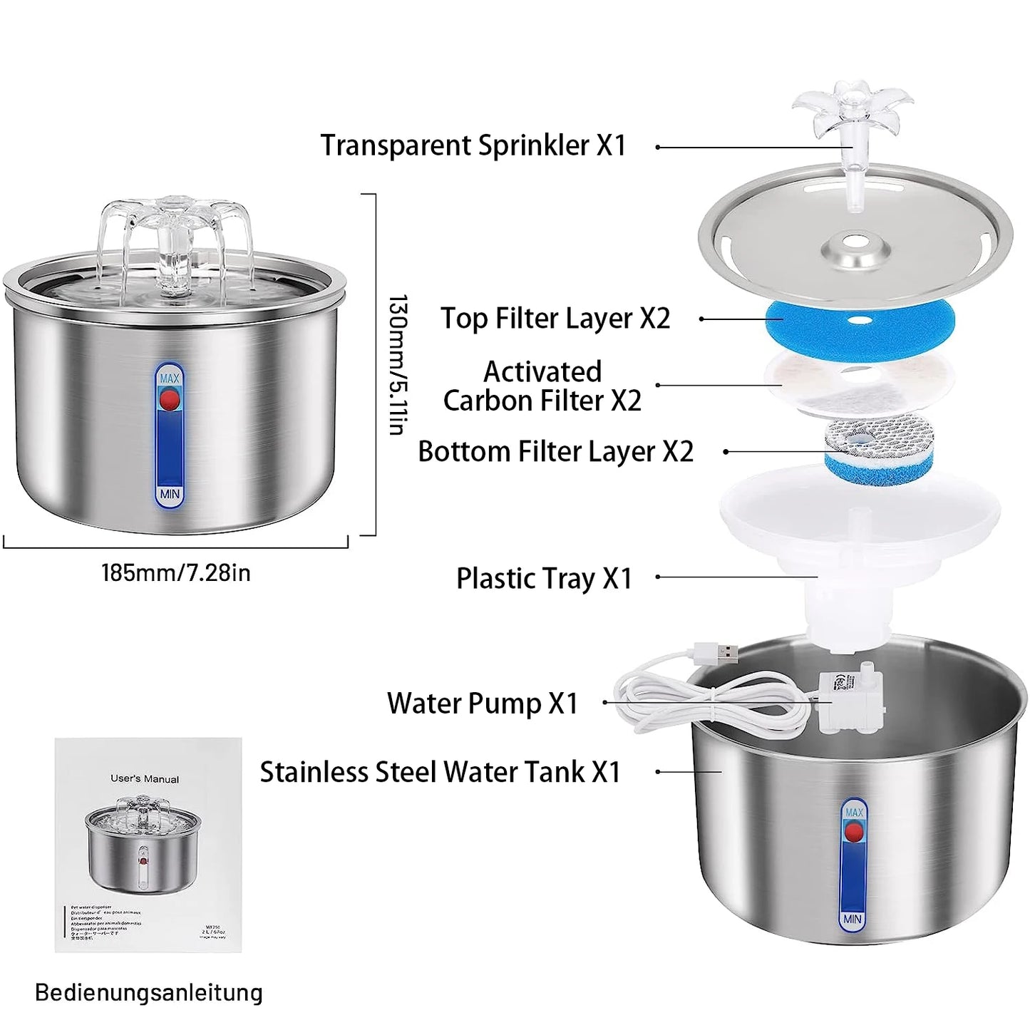 Stainless Steel Pet Water Feeder Cat Automatic Water Fountain USB Electric Mute for Cat Dog Filter Fountain Smart Drinking Bowl