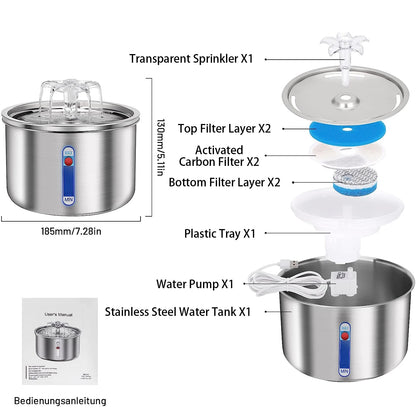 Stainless Steel Pet Water Feeder Cat Automatic Water Fountain USB Electric Mute for Cat Dog Filter Fountain Smart Drinking Bowl