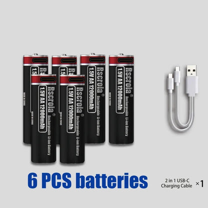 2026 Hot Rechargeable Battery Lithium-ion 1.5V AA1200mAh Rechargeable Battery 1.5V AAA6800mAh Battery with USB-C Cables