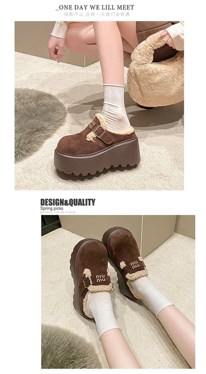 Platform High Heels Slippers Women Suede Mules Shoes Fur Warm Wedges Flip Flops 2025 Winter New Snow Boots Fashion Zapatos Mujer