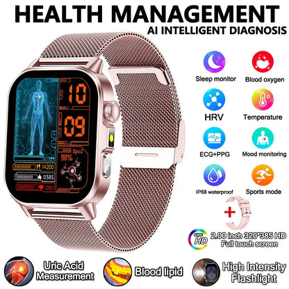 2026 New Model Uric Acid & Lipid Health Analysis Smart Watch Men ECG+PPG Bluetooth Call 2.01-inch Flashlight Smartwatch Women