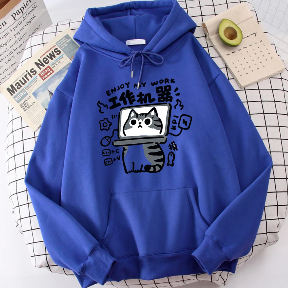The Cartoon cat is an abstract working machine printed men's hoodie that is comfortable and casual