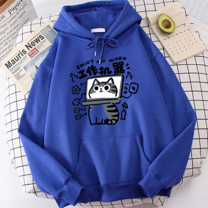 The Cartoon cat is an abstract working machine printed men's hoodie that is comfortable and casual