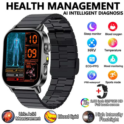 2026 New Model Uric Acid & Lipid Health Analysis Smart Watch Men ECG+PPG Bluetooth Call 2.01-inch Flashlight Smartwatch Women