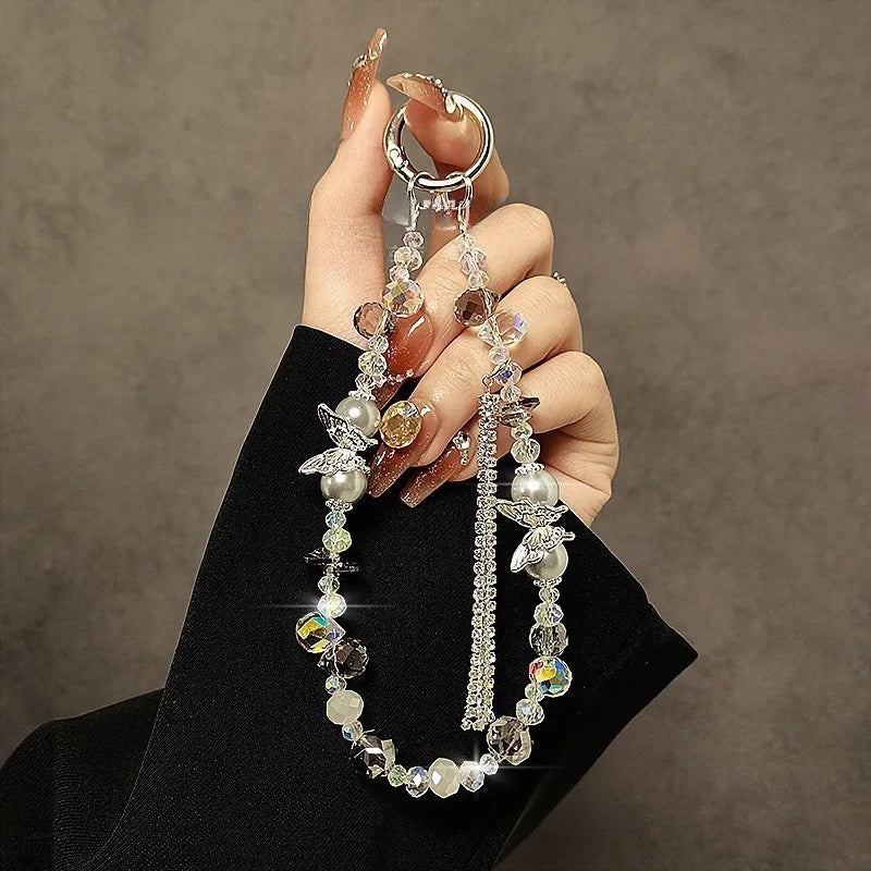 Butterfly Beaded Crystal Flash Drill Tassel Mobile Phone Lanyard Hand Chain Anti-Lost Rope Bag Hanging Accessory