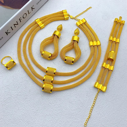 Luxury Ethiopian Multilayer 24k Gold Color Jewelry Set  For Women Wedding Dubai Necklace And Earrings Sets Indian Bridal