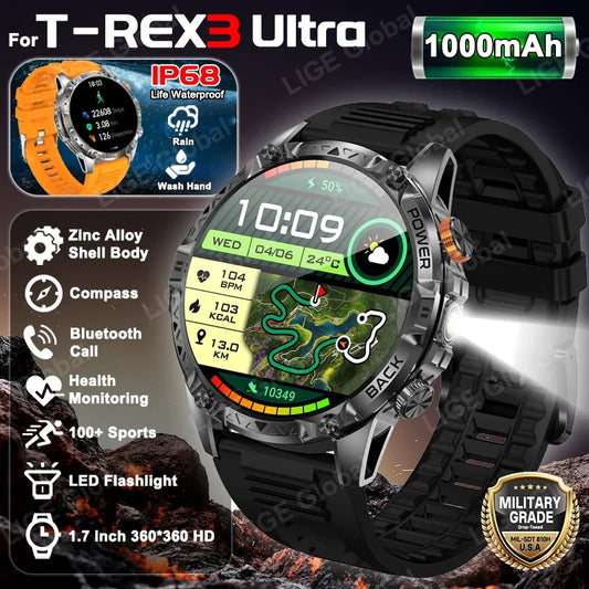 LIGE New Military For T-Rex 3 Ultra Smart Watch 1000mAh Battery IP68 Waterproof Compass Flashlight Sports Tracker Smartwatch Men
