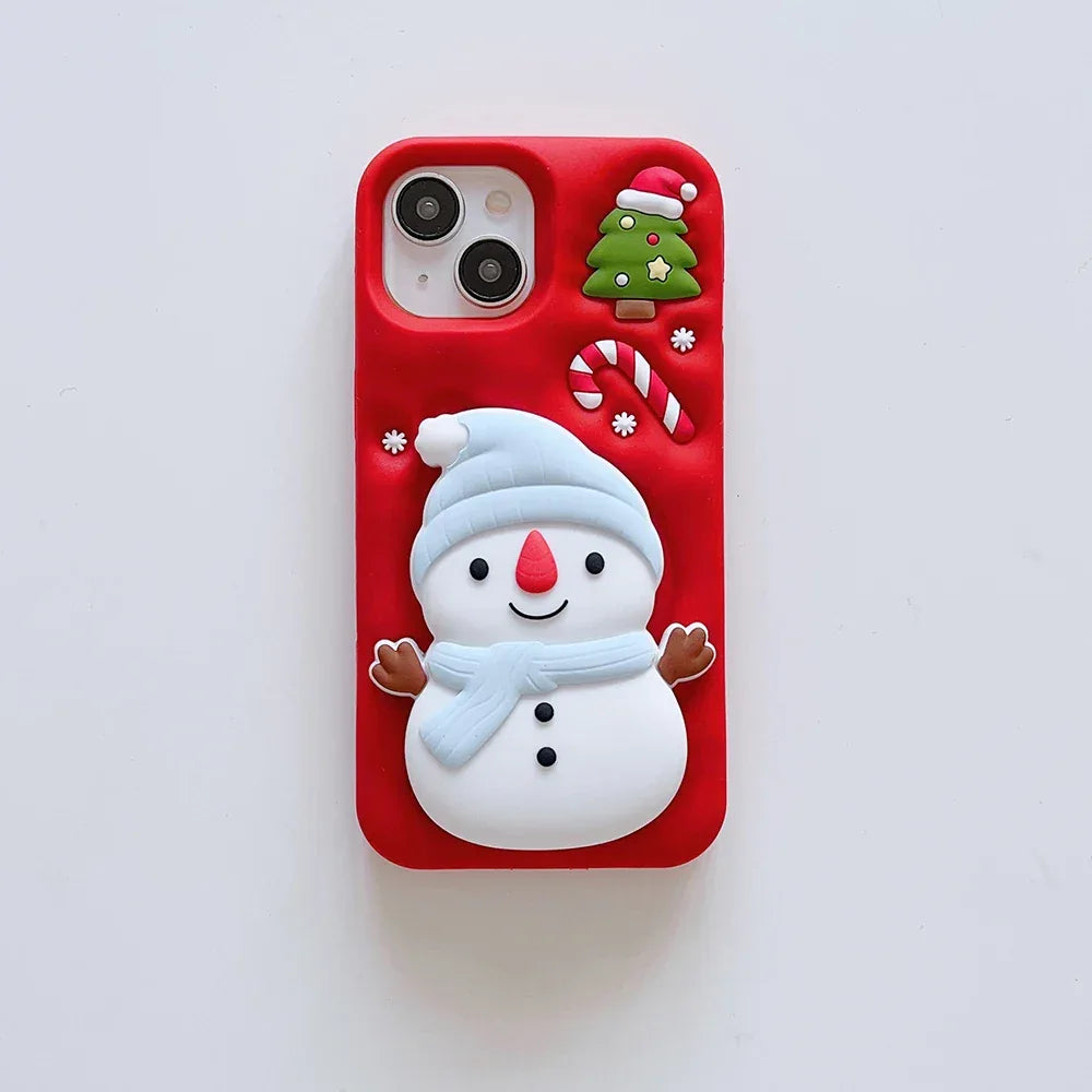 Cute 3D Cartoon Christmas Snow Man Telescopic Bracket Case For iPhone 16 15 14 13 12 Pro Max Soft Silicone Stand Holder Cover
