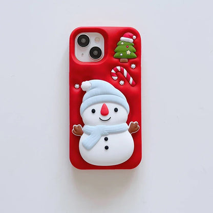 Cute 3D Cartoon Christmas Snow Man Telescopic Bracket Case For iPhone 16 15 14 13 12 Pro Max Soft Silicone Stand Holder Cover