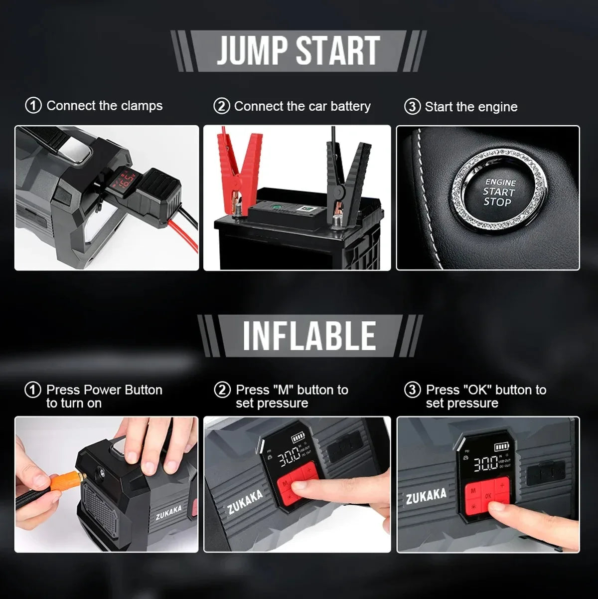 26800mAh Jump Starter with Air Compressor 4000A Booster Tyre Inflator Portable Car Battery Power Bank Charger Air Pump