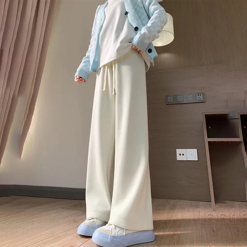 Pantalon d'automne-hiver en peluche pour femme, coupe droite et évasée, taille haute élastique, style décontracté et tendance, en laine tricotée.