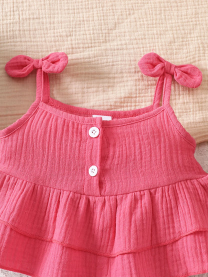 Baby Girl Bow-Knot Suspender Top with Ruffles + Bow-Knot Shorts Set, Cute and Breathable Two-Piece Summer Set