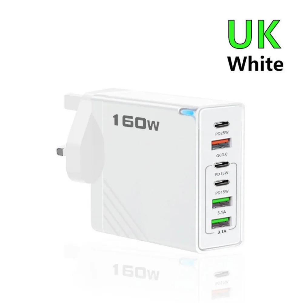 160W Fast Charge Phone Charger Adapter Multi Port USB Type C Charger For iPhone Samsung Xiaomi Huawei EU/US/UK Plug Wall Charger