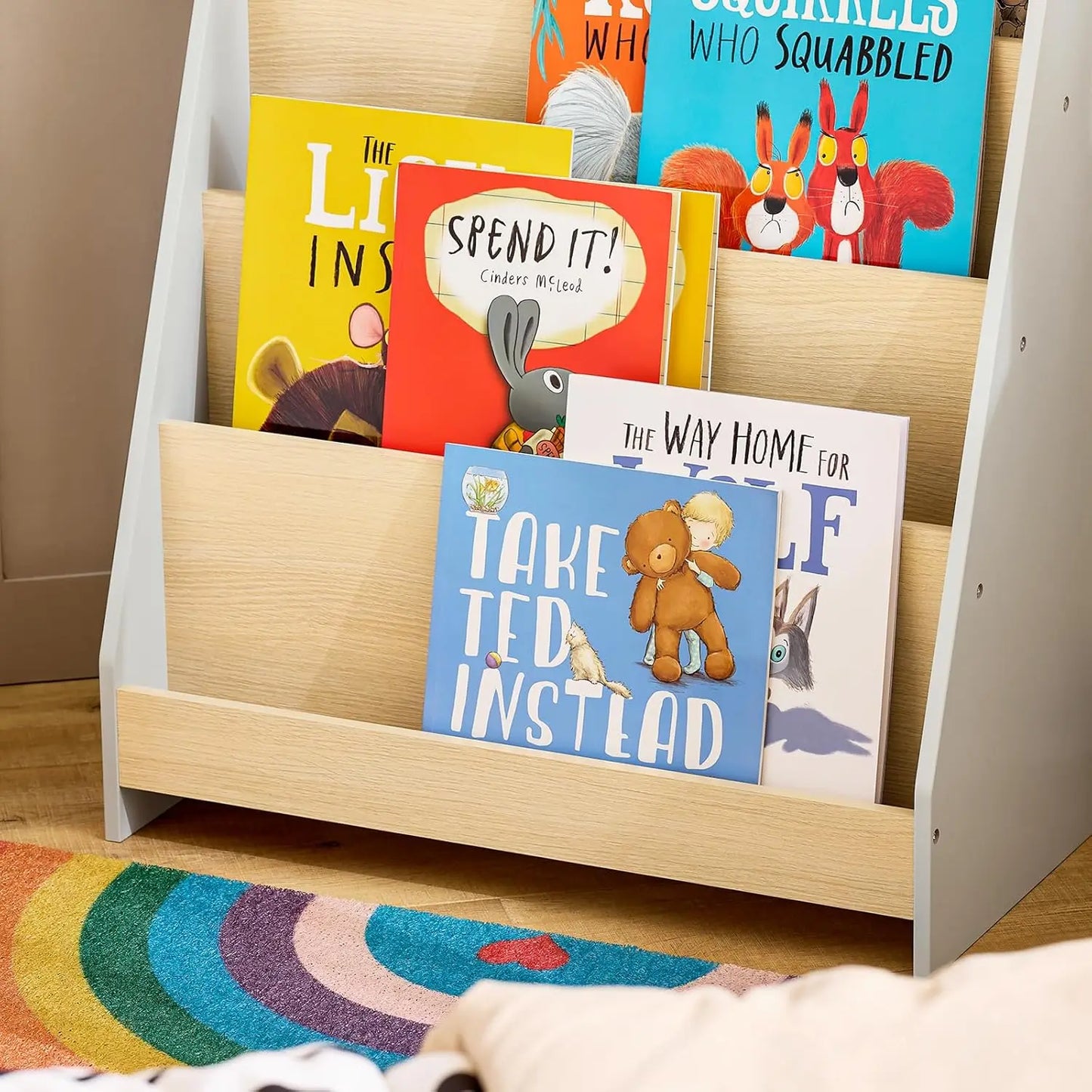Children's bookshelf, Storage Furniture with 4 levels of open compartments, 61x30x71cm, White + wood color