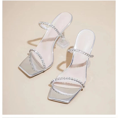 High Heels Crystal Women Slippers Fashion Open Toe Sandals 2023 Summer New Party Transparent Pumps Stilettos Dress Slides Lady
