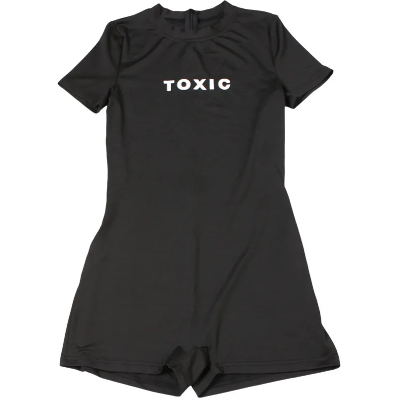Shestyle Letter Printing Toxic Black Playsuit Women Short Sleeve Back Zipper Crew Neck Skinny Exercise Hipster Outfit Fitness