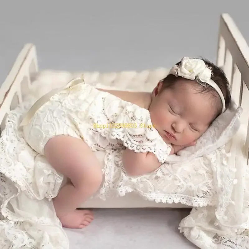 Baby Bow Lace Romper Headband Set Newborn Photography Props Bodysuit Jumpsuit with Flower Hair Band Infants Fotografie Outfits