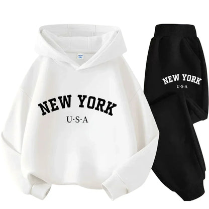 Autumn Warm New York Letter Cool Graphic Print Children Long Sleeve Hoodie +pant Suit 2pcs Set Sweatshirt Boy Girl Kid Sportwear