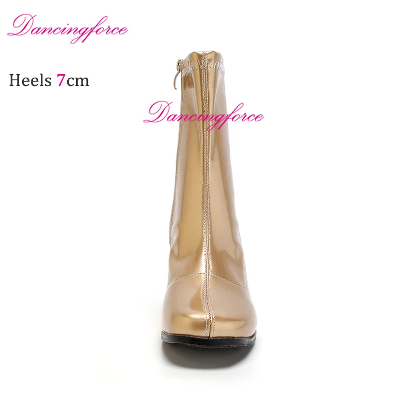 Sexy Gogo Boots 60s 70s Square Heel Ankle Classic Round Toe Boots Shiny Golden Zip Boots Unisex Party Dress Dance Shoes Woman