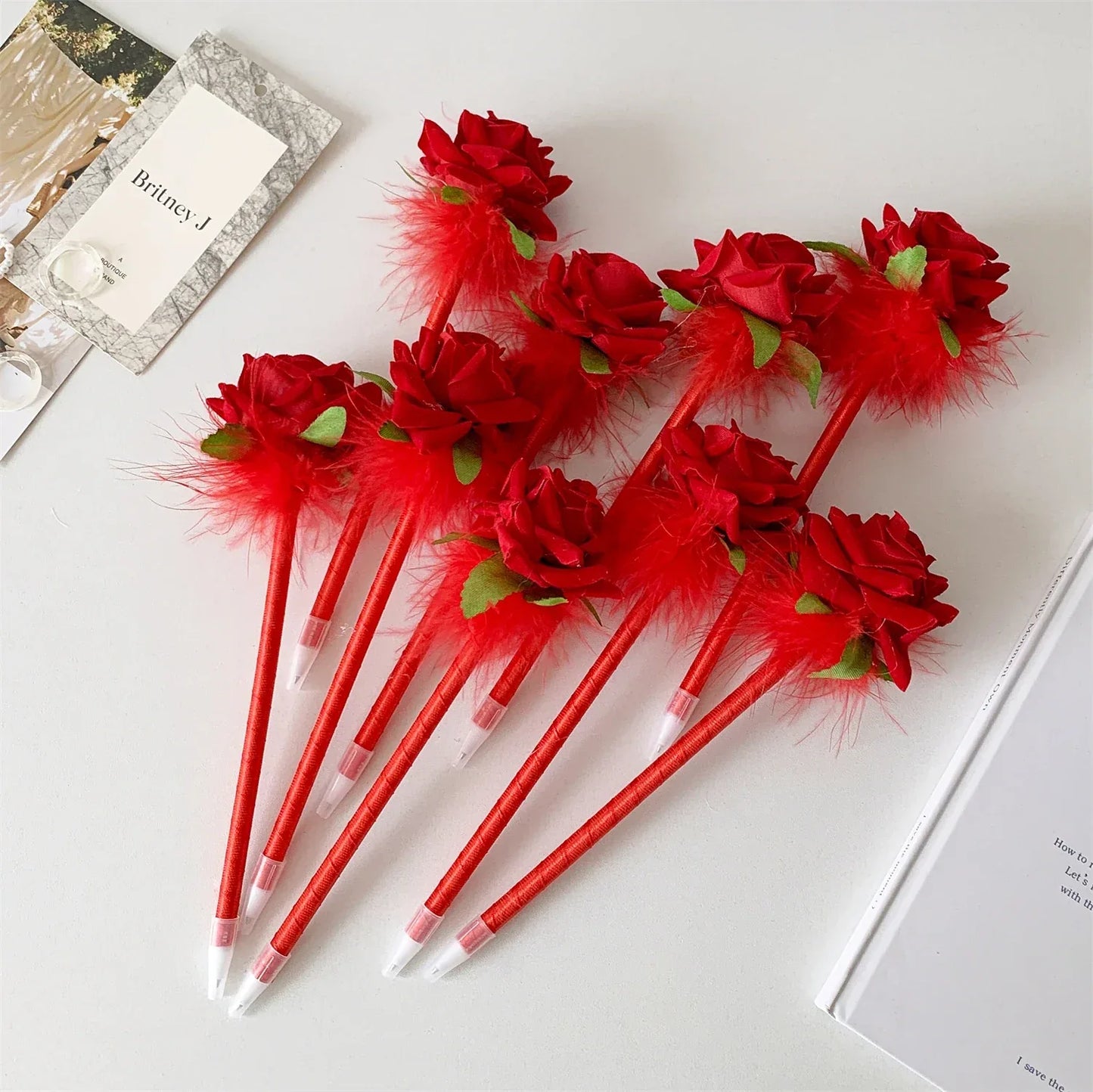 10pcs/set Simulated Rose Shaped Ballpoint Pen Valentine's Day Desktop Decoration Supplies Student Writing Supplies Set