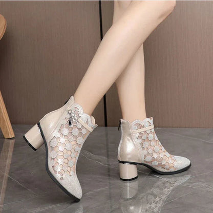 2025 Spring Summer Fashion Rhinestones Gauze Sandals Thick Heels Mesh Autumn Ankle Boots Female Hollow Women's Shoes