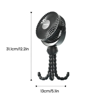 Battery Operated Small Clip on Fan, Detachable 3 Speed Rechargeable 360° Rotate Flexible Tripod Cooling Fan for Car Seat Crib