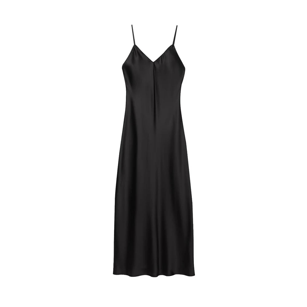 Women's Satin Midi Dress, V Neck, Thin Straps, Backless, Female Dresses, Sexy Fashion