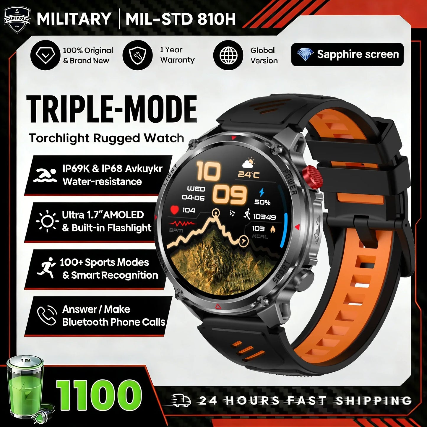 2026 Edition Military Outdoor Sports Smartwatch 1.7-inch AMOLED screen 1100 mAh battery LED flashlight Bluetooth call Waterproof