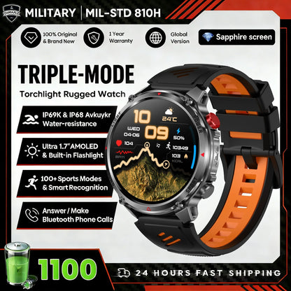 2026 Edition Military Outdoor Sports Smartwatch 1.7-inch AMOLED screen 1100 mAh battery LED flashlight Bluetooth call Waterproof