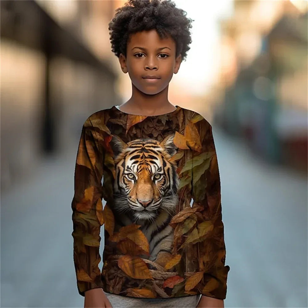Clothing For Boys Leaf Tiger Animal Monkey Print Long Sleeve Top For Children T-Shirt Teenagers 2023 Autumn Girls Tshirt Kids