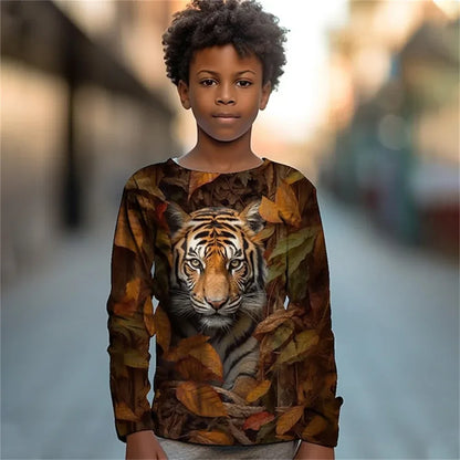 Clothing For Boys Leaf Tiger Animal Monkey Print Long Sleeve Top For Children T-Shirt Teenagers 2023 Autumn Girls Tshirt Kids