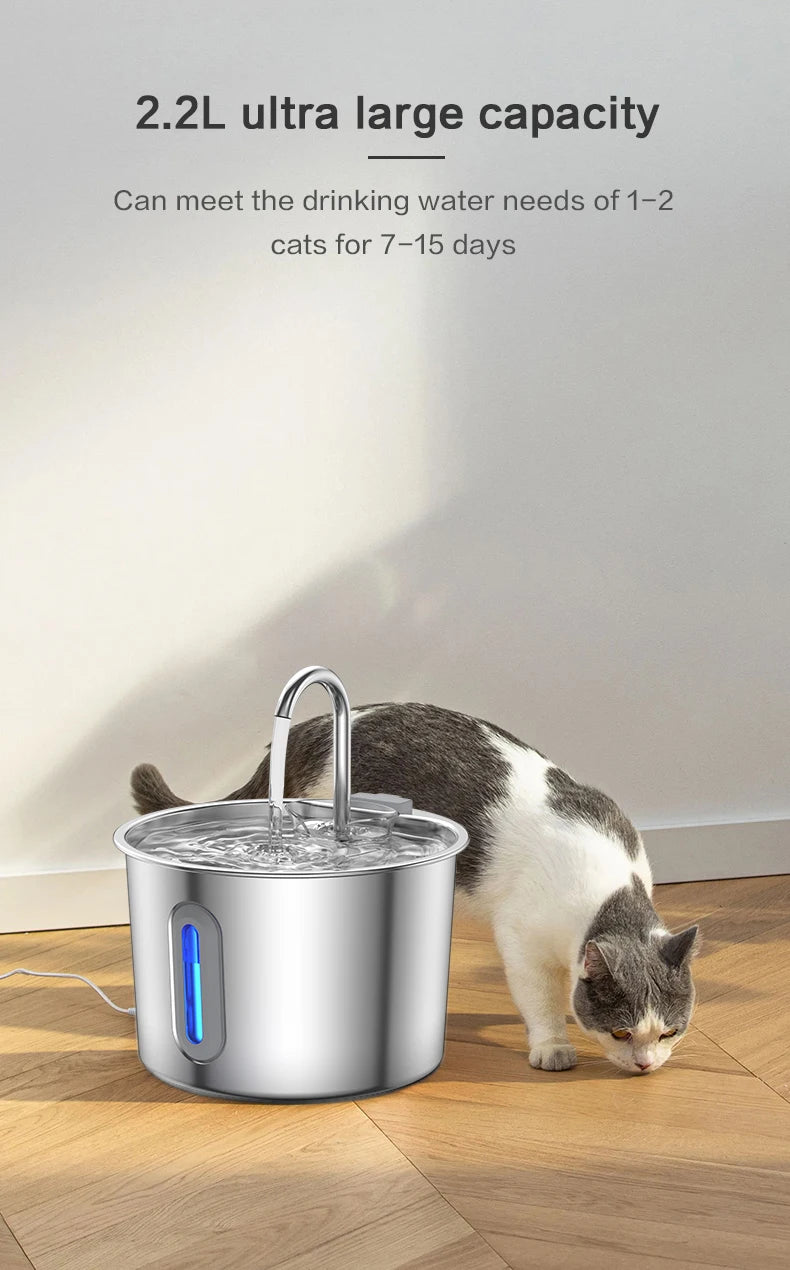 Stainless Steel Cat & Dog Water Fountain 2.2L Ultra Quiet USB Powered Automatic Pet Drinking Fountain Durable for Indoor Pets