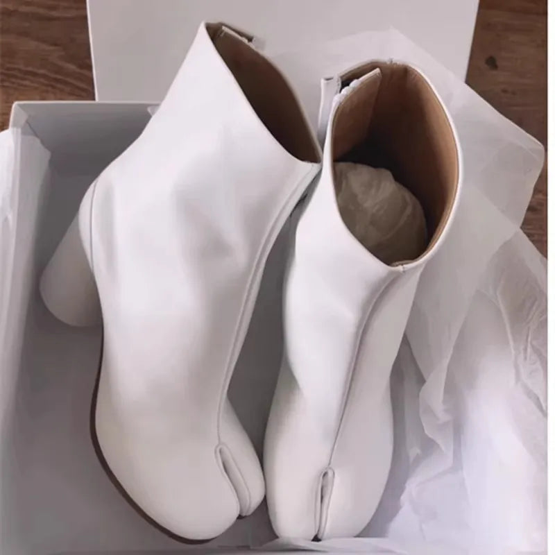 Leather Split Toe Tabi Boots For Women Chunky High Heels Women Shoes Ankle Boots Black Fashion Brand Designer Botas Mujer