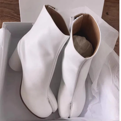 Leather Split Toe Tabi Boots For Women Chunky High Heels Women Shoes Ankle Boots Black Fashion Brand Designer Botas Mujer