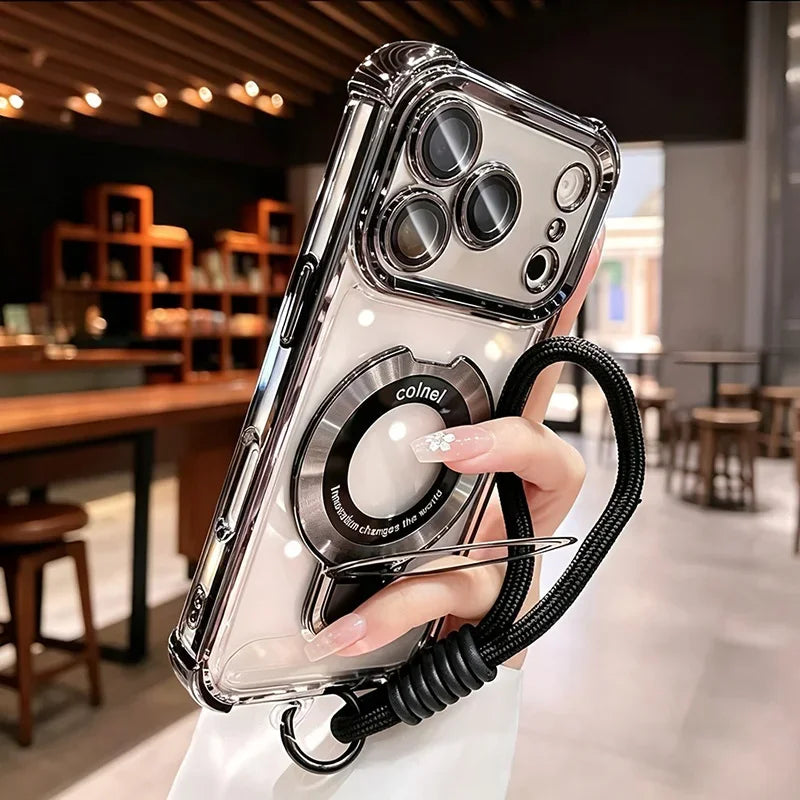 Luxury Transparent Magnetic Stand Plating Phone Case For iPhone 18 Pro Max 17 Pro 16 15 14 Plus 13 12 11 With Soft Lanyard Cover