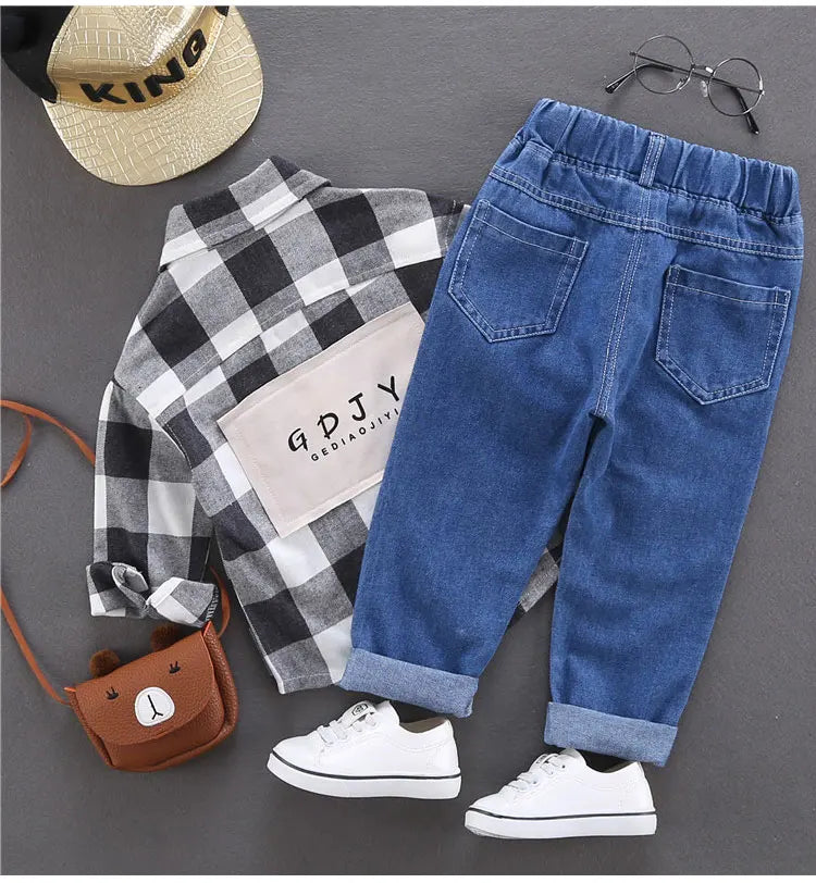 Spring Autumn Children Jeans  Boys Cotton Print Splice Stretch Denim Pants Korean Teenage Trousers Wear Kids ClothingDenimRipped