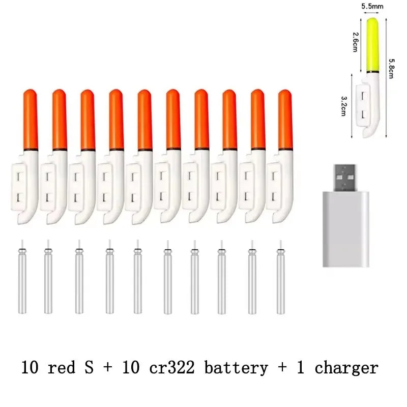 10 pcs/lot Electronic Light Stick With 10 Rechargeable Battery CR322 / CR425 Clip on Fishing Rod Glowing Lamp Night Fishing D001