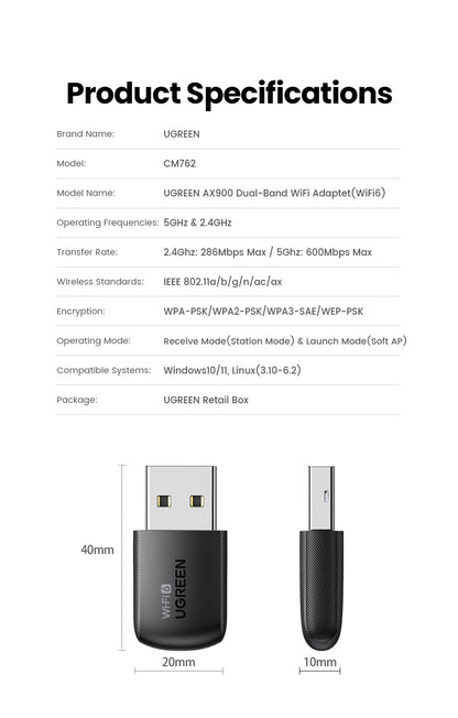 UGREEN WiFi Adapter WiFi6 AX900 AX1800 5G&2.4G Dual Band Dongle for PC Laptop Wifi Antenna USB Ethernet Receiver Network Adapter