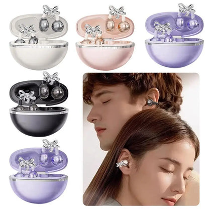 Vivo Clip-on Earbuds Wireless Bluetooth Open Ear Headphones with Detachable Crystal Bowknot Earrings For Sports Fitness Workouts
