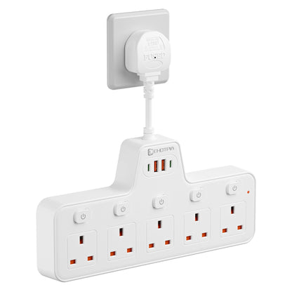 2500W UK Plug Power Strip Wall Mounted Independent Switches, Multitap Network Filter USB-C Ports 2.1A Fast Charging Adapter