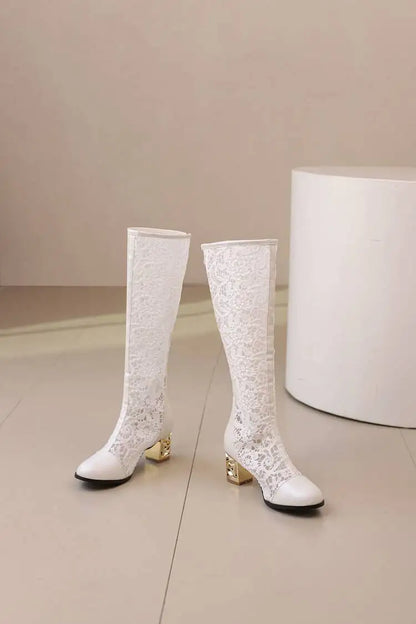 Spring and Autumn New Style Fashion square Heel Mesh Hollow Women's Boots Sweet Breathable knee high boots high 5.5cm size 34-47