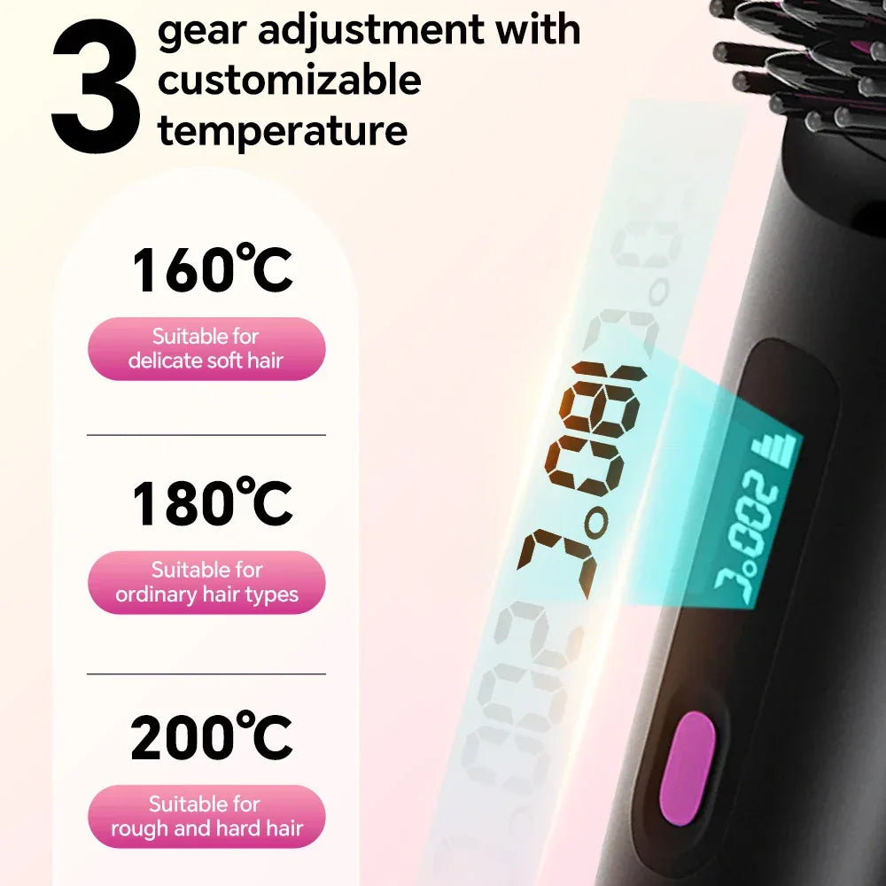 Rechargeable Hair Straightener Brush with 20s Fast Heating and 3 Temp Settings, Straightening Comb with Negative Ions for Women