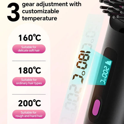 Rechargeable Hair Straightener Brush with 20s Fast Heating and 3 Temp Settings, Straightening Comb with Negative Ions for Women
