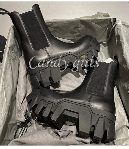 Retro Chelsea Mid-Calf for Women 2024 New round Toe Muffin Gear Platform Black Mid-Calf Length Motorcycle Boots